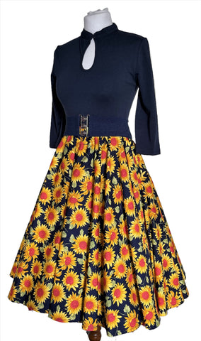 Peggy Circle Skirt- Navy Sunflowers