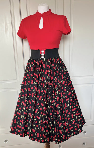 Peggy Circle Skirt- Small Cherries (Black)