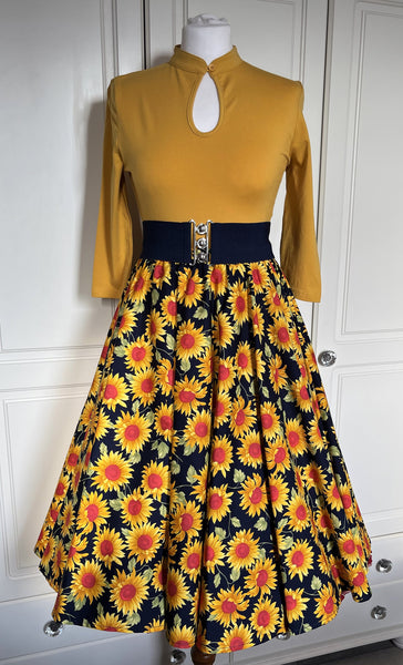 Peggy Circle Skirt- Navy Sunflowers