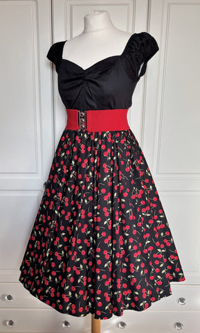 Peggy Circle Skirt- Small Cherries (Black)