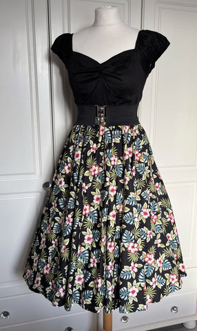 Peggy Circle Skirt- Black And Pink Hibiscus