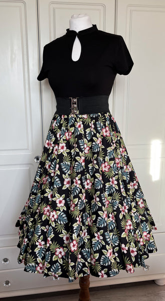 Peggy Circle Skirt- Black And Pink Hibiscus