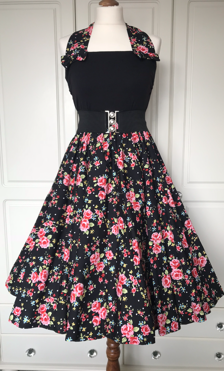 Peggy Circle Skirt- Black with Pink Roses